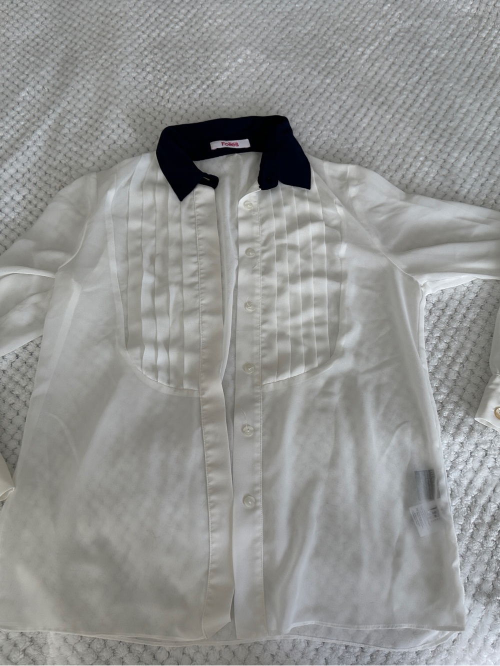 Folies White Sheer Blouse with Navy Contrast Collar